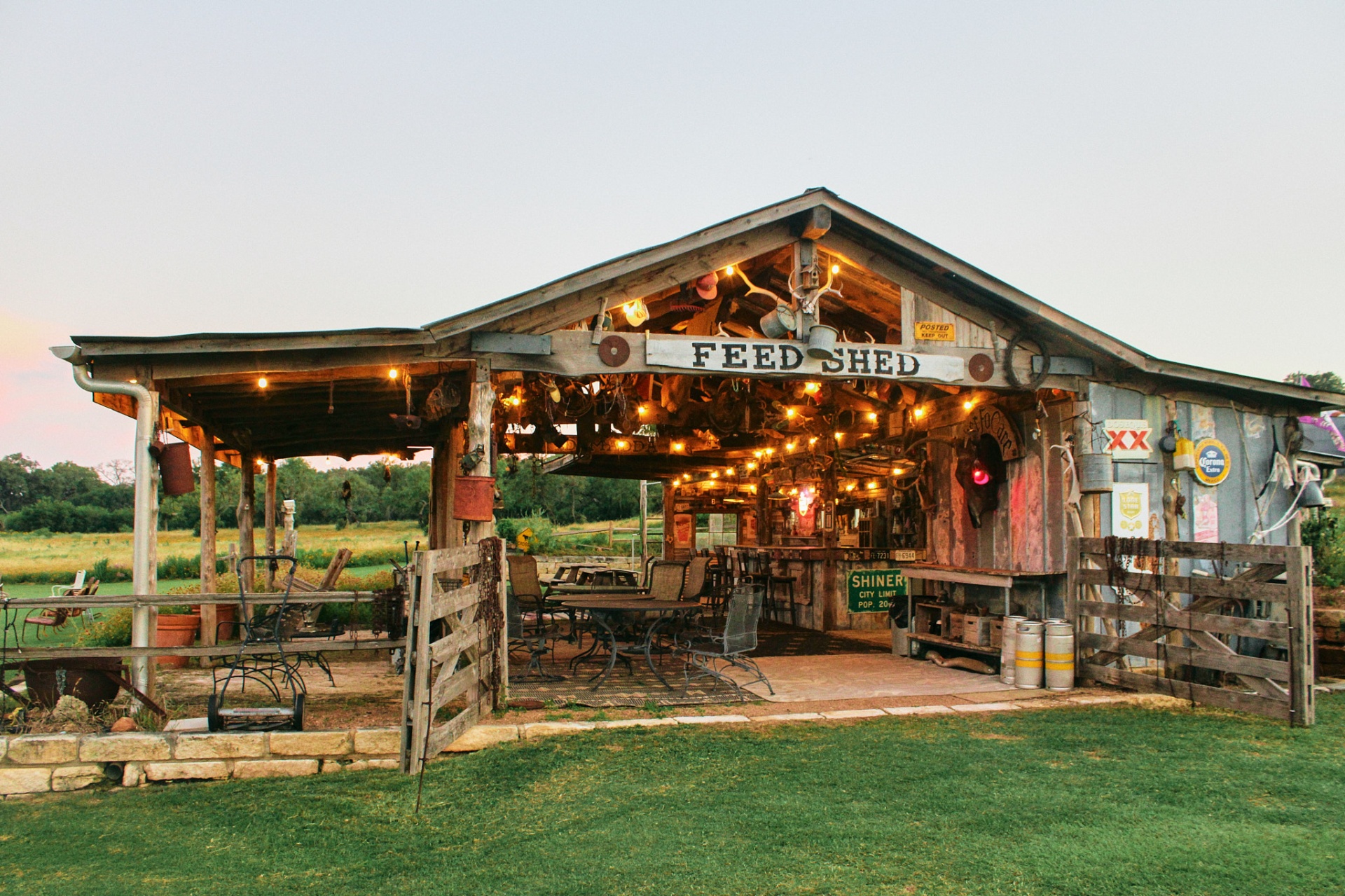 The historic Feed Shed at dusk